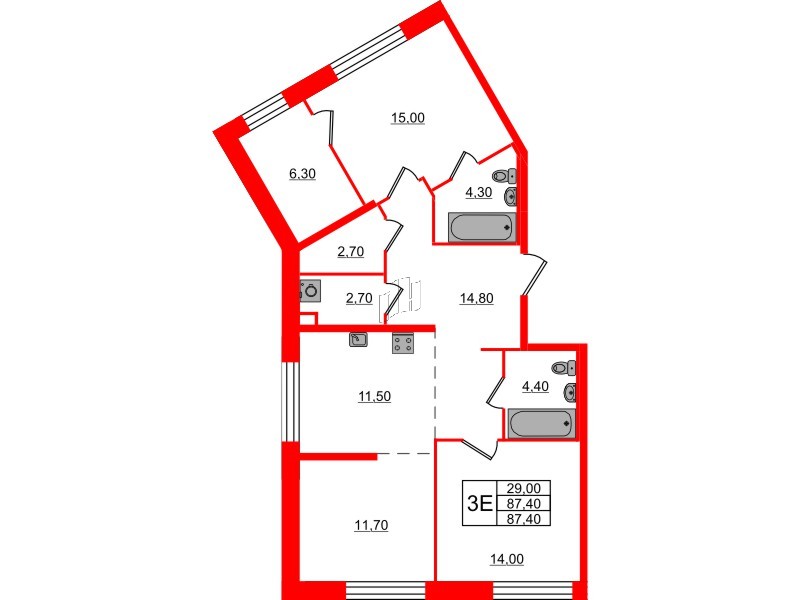 Квартира в ЖК ЛДМ, 2 комнатная, 87.4 м², 2 этаж