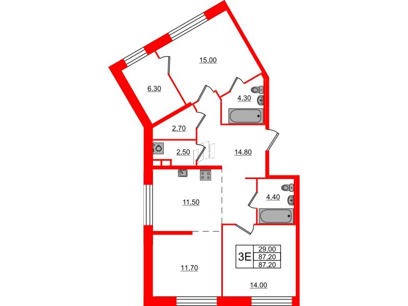 Квартира в ЖК ЛДМ, 2 комнатная, 87.2 м², 4 этаж