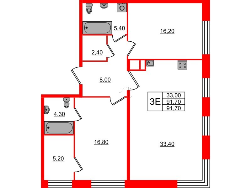 Квартира в ЖК ЛДМ, 2 комнатная, 91.7 м², 8 этаж