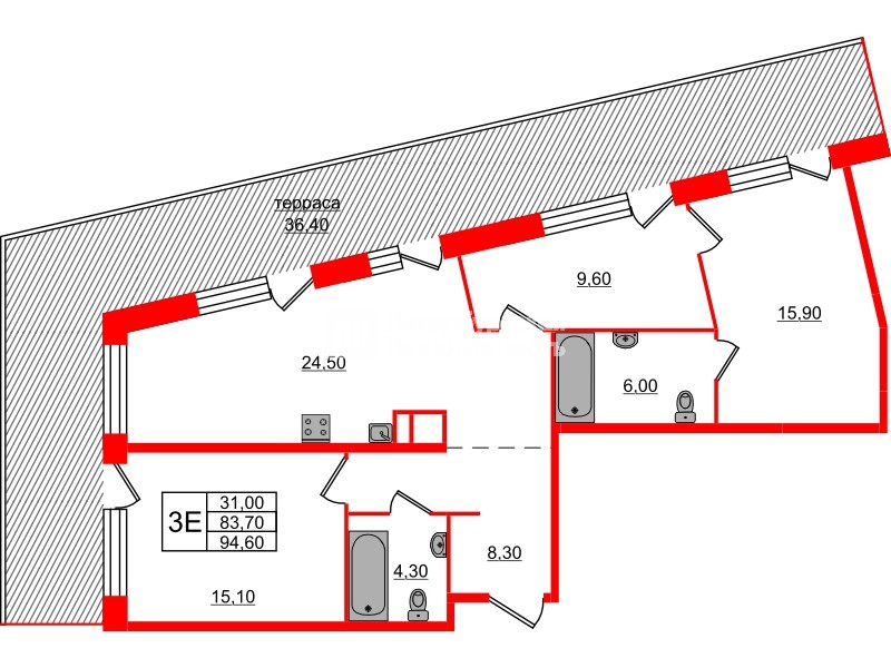 Квартира в ЖК ЛДМ, 2 комнатная, 94.6 м², 8 этаж