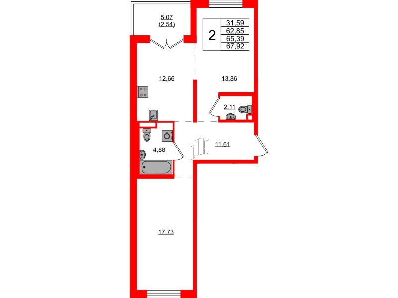 Квартира в ЖК Образцовый квартал, 2 комнатная, 62.85 м², 1 этаж