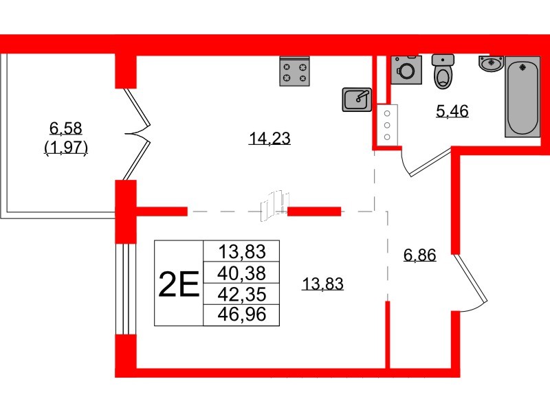 Квартира в ЖК Образцовый квартал, 1 комнатная, 40.38 м², 2 этаж