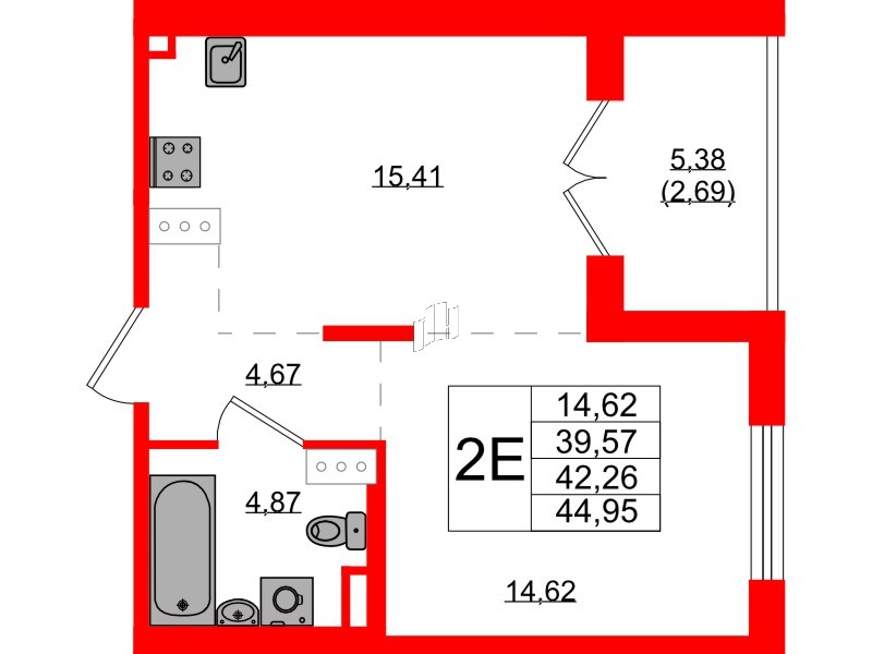 Квартира в ЖК Образцовый квартал, 1 комнатная, 39.57 м², 2 этаж