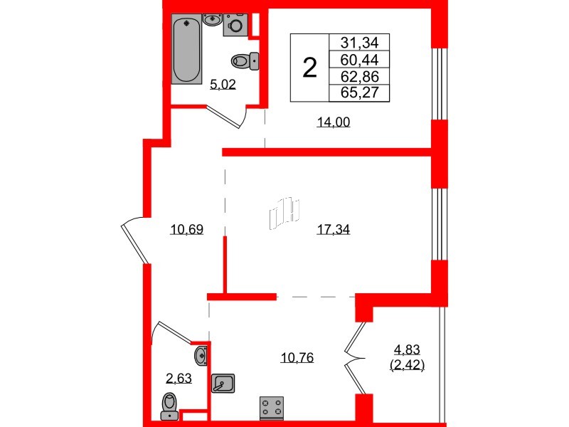 Квартира в ЖК Образцовый квартал, 2 комнатная, 60.44 м², 1 этаж