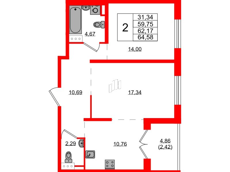 Квартира в ЖК Образцовый квартал, 2 комнатная, 59.75 м², 2 этаж