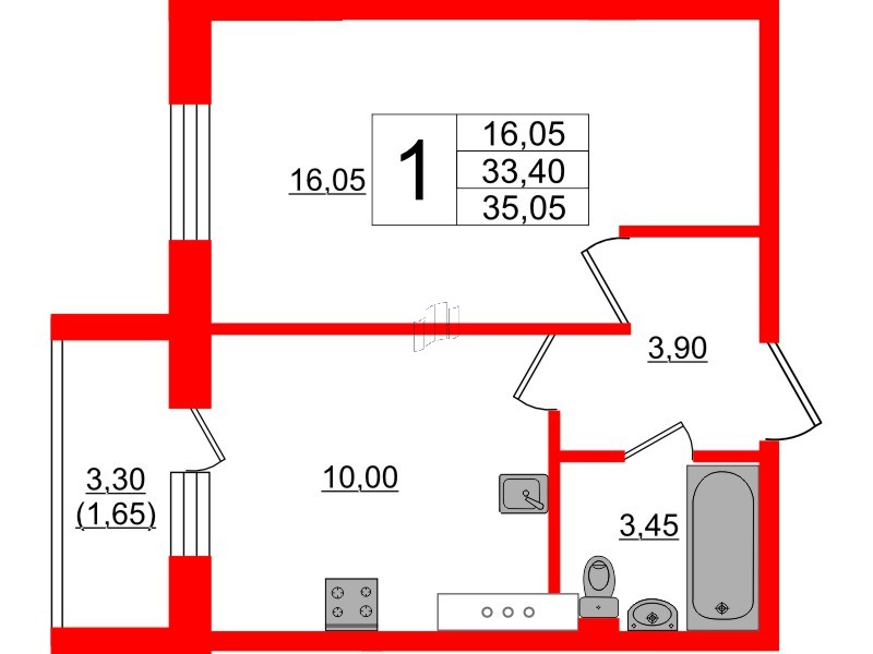 Квартира в ЖК Ленский, 1 комнатная, 35.05 м², 8 этаж