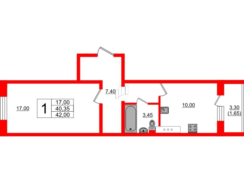 Квартира в ЖК Ленский, 1 комнатная, 42 м², 8 этаж
