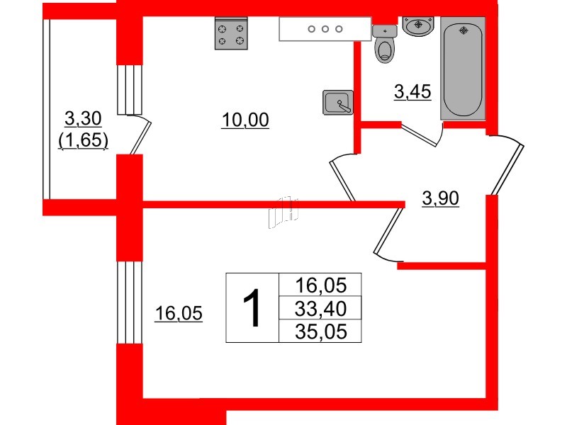 Квартира в ЖК Ленский, 1 комнатная, 35.05 м², 12 этаж