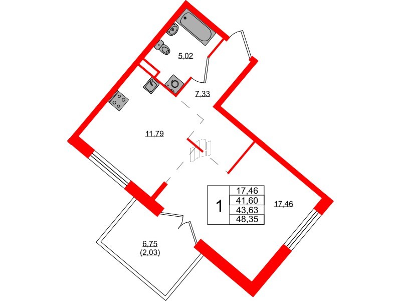 Квартира в ЖК Образцовый квартал, 1 комнатная, 41.6 м², 1 этаж