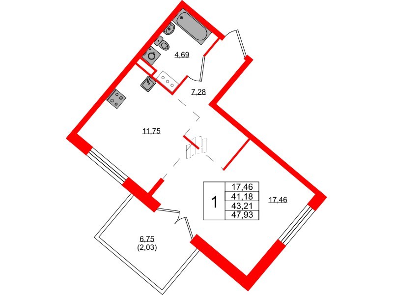 Квартира в ЖК Образцовый квартал, 1 комнатная, 41.18 м², 4 этаж
