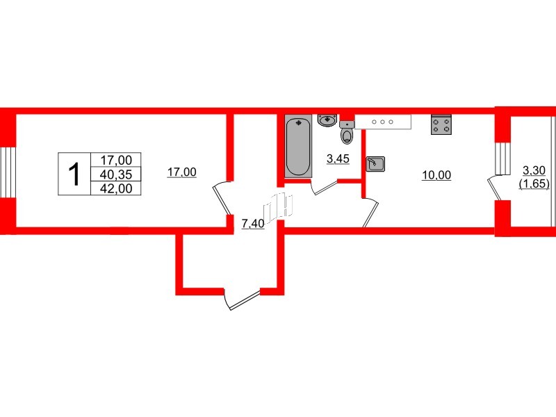 Квартира в ЖК Ленский, 1 комнатная, 42 м², 14 этаж