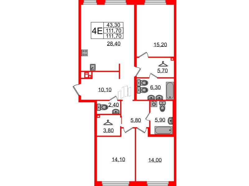 Квартира в ЖК Визионер, 3 комнатная, 111.7 м², 2 этаж