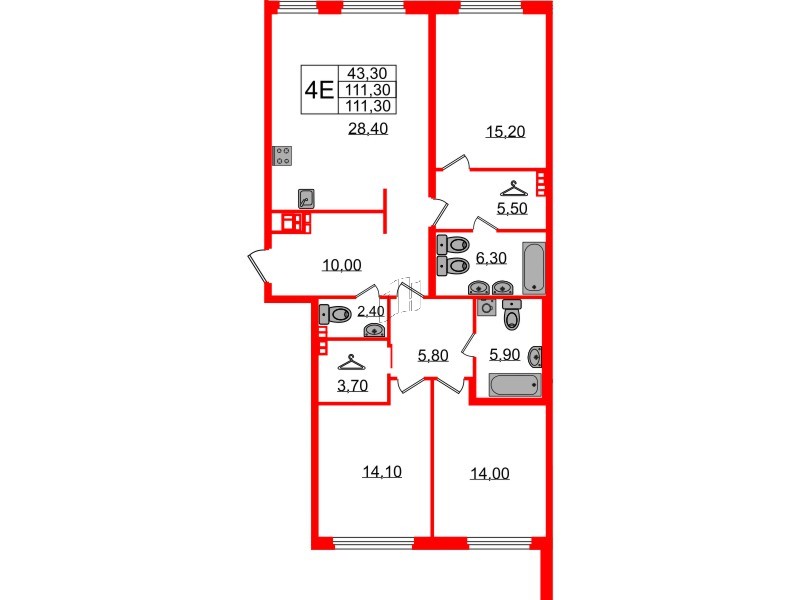 Квартира в ЖК Визионер, 3 комнатная, 111.3 м², 5 этаж