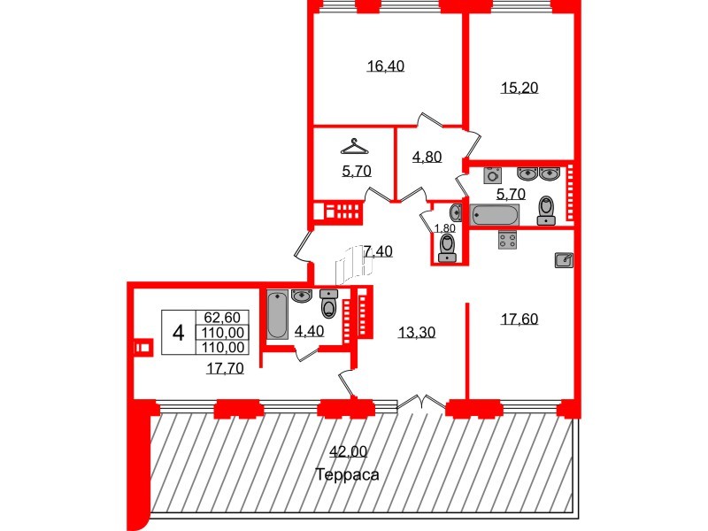 Квартира в ЖК Визионер, 4 комнатная, 110.1 м², 9 этаж