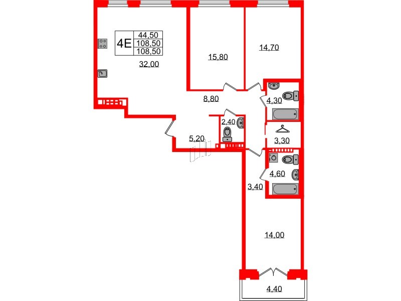 Квартира в ЖК Визионер, 3 комнатная, 108.6 м², 8 этаж