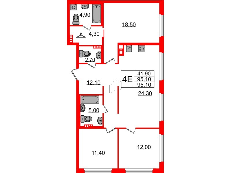Квартира в ЖК Визионер, 3 комнатная, 95.1 м², 5 этаж