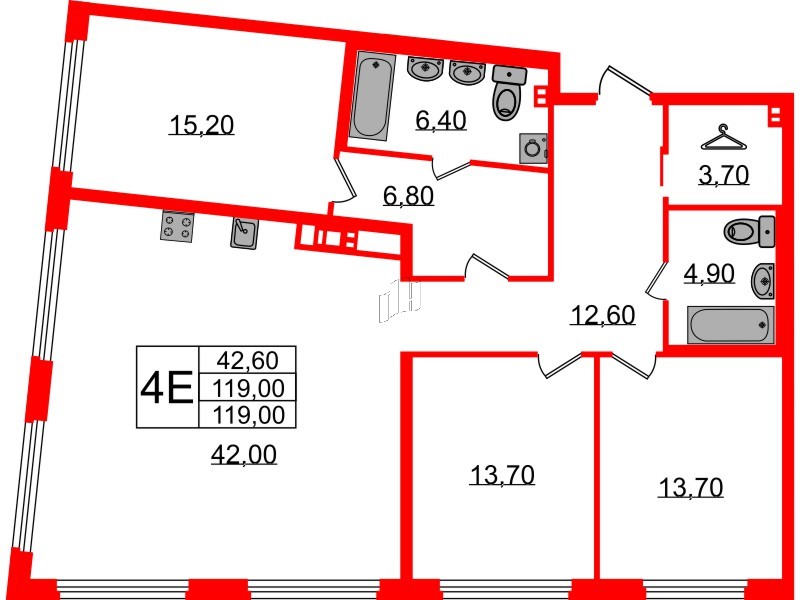Квартира в ЖК Визионер, 3 комнатная, 119.1 м², 3 этаж
