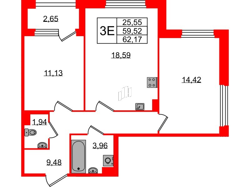 Квартира в ЖК Квартал Б15, 2 комнатная, 59.52 м², 3 этаж