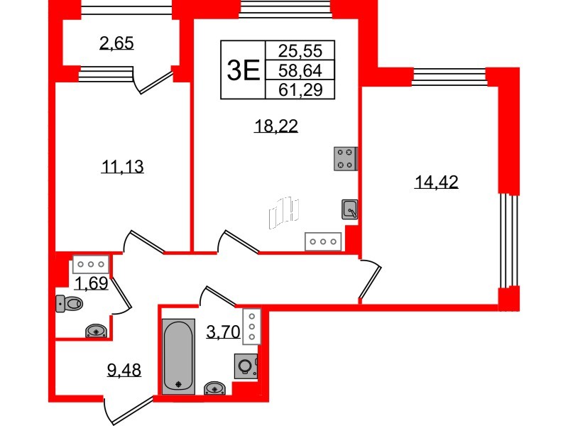 Квартира в ЖК Квартал Б15, 2 комнатная, 58.64 м², 7 этаж