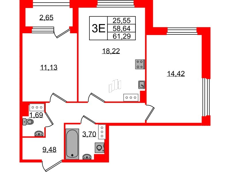 Квартира в ЖК Квартал Б15, 2 комнатная, 58.64 м², 9 этаж