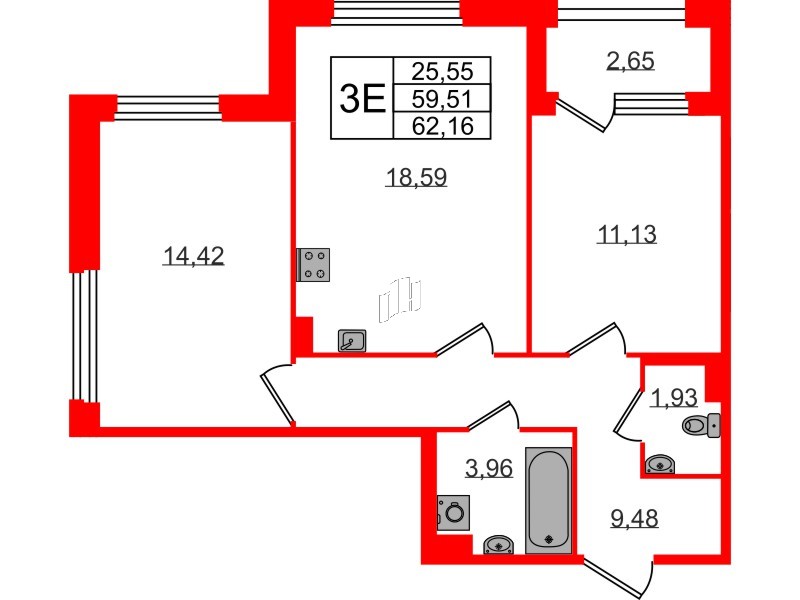 Квартира в ЖК Квартал Б15, 2 комнатная, 59.51 м², 3 этаж