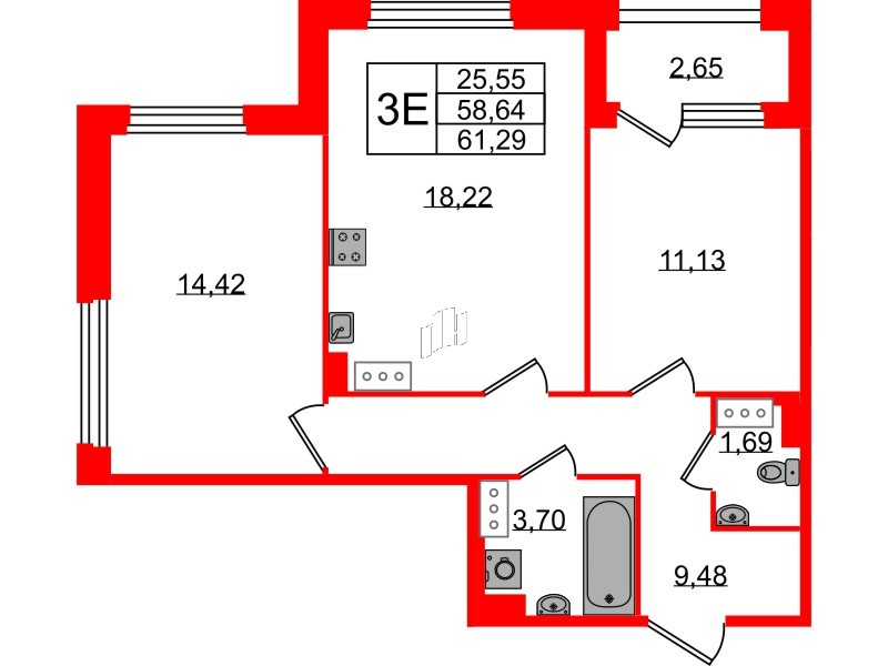 Квартира в ЖК Квартал Б15, 2 комнатная, 58.64 м², 7 этаж