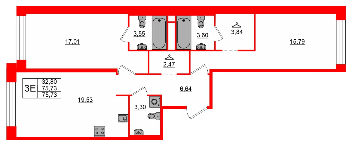 Квартира в ЖК AVANT, 2 комнатная, 75.73 м², 5 этаж