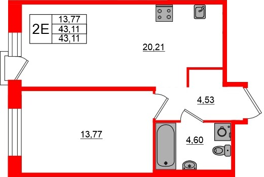 Планировка — 1-комн квартира, 43,1 м² в ЖК «AVANT»