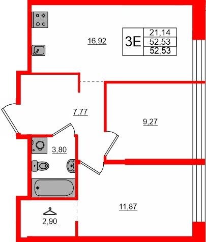 Квартира в ЖК «AVANT», 2 комнатная, 52.53 м², 5 этаж
