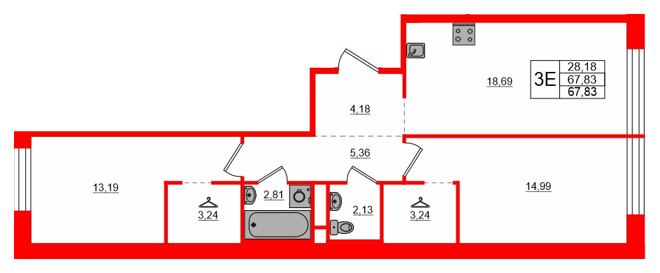Квартира в ЖК AVANT, 2 комнатная, 67.83 м², 4 этаж