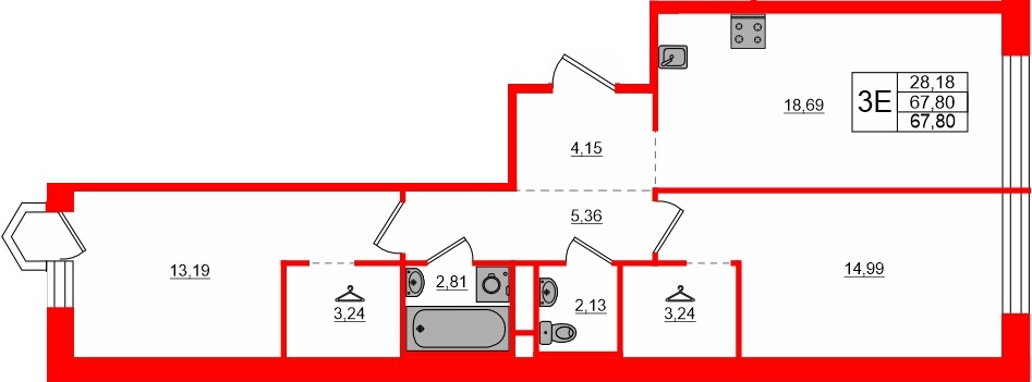 Квартира в ЖК «AVANT», 2 комнатная, 67.8 м², 7 этаж