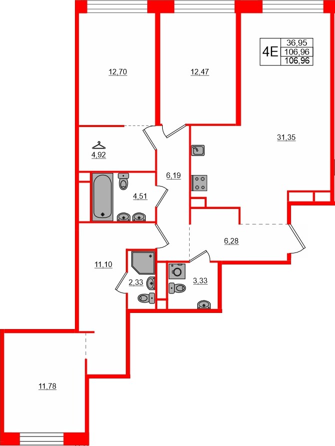 Квартира в ЖК «AVANT», 3 комнатная, 106.96 м², 5 этаж