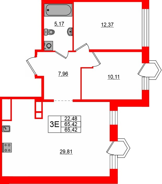 Квартира в ЖК «AVANT», 2 комнатная, 65.42 м², 7 этаж