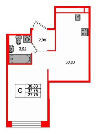 Квартира в ЖК AVANT, студия, 37.75 м², 6 этаж