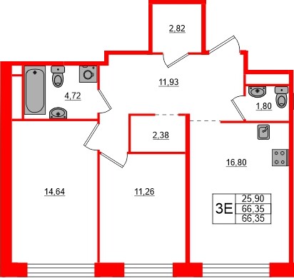 Квартира в ЖК «AVANT», 2 комнатная, 66.35 м², 4 этаж