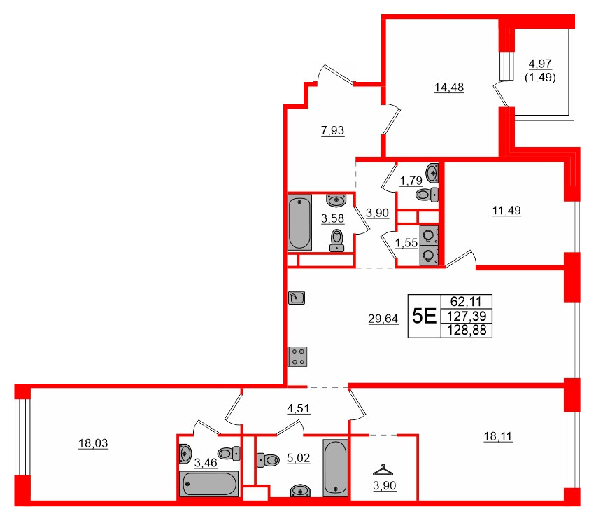 Квартира в ЖК AVANT, 4 комнатная, 128.88 м², 7 этаж