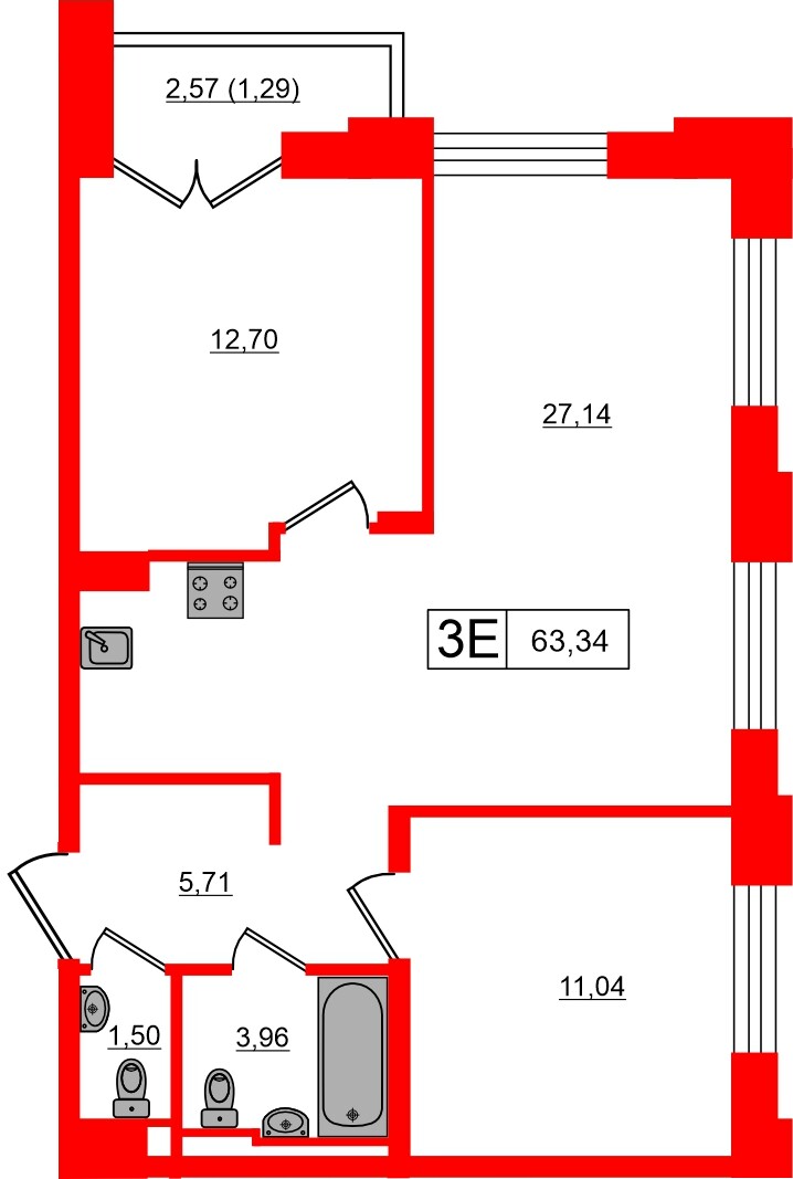 Квартира в ЖК «Альпен», 2 комнатная, 62.05 м², 7 этаж