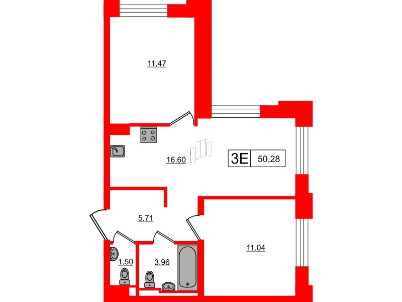 Квартира в ЖК «Альпен», 2 комнатная, 50.28 м², 10 этаж