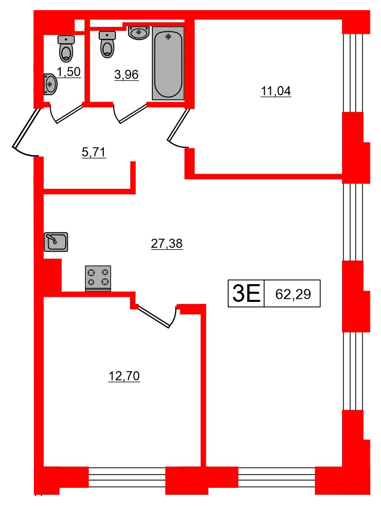 Квартира в ЖК Alpen, 2 комнатная, 62.29 м², 9 этаж