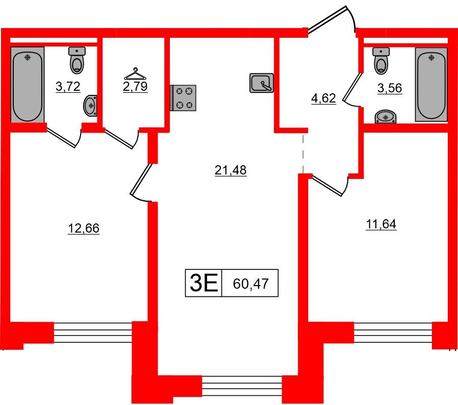 Квартира в ЖК «Альпен», 2 комнатная, 60.47 м², 8 этаж