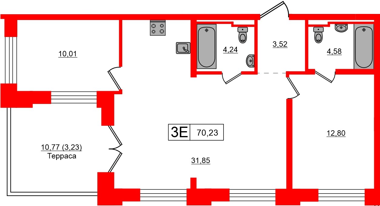 Квартира в ЖК «Альпен», 2 комнатная, 70.23 м², 10 этаж