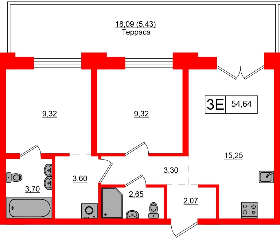 Квартира в ЖК «Альпен», 2 комнатная, 49.21 м², 2 этаж