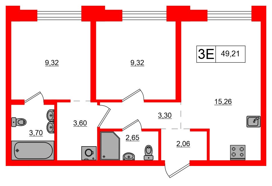 Квартира в ЖК Alpen, 2 комнатная, 49.21 м², 8 этаж