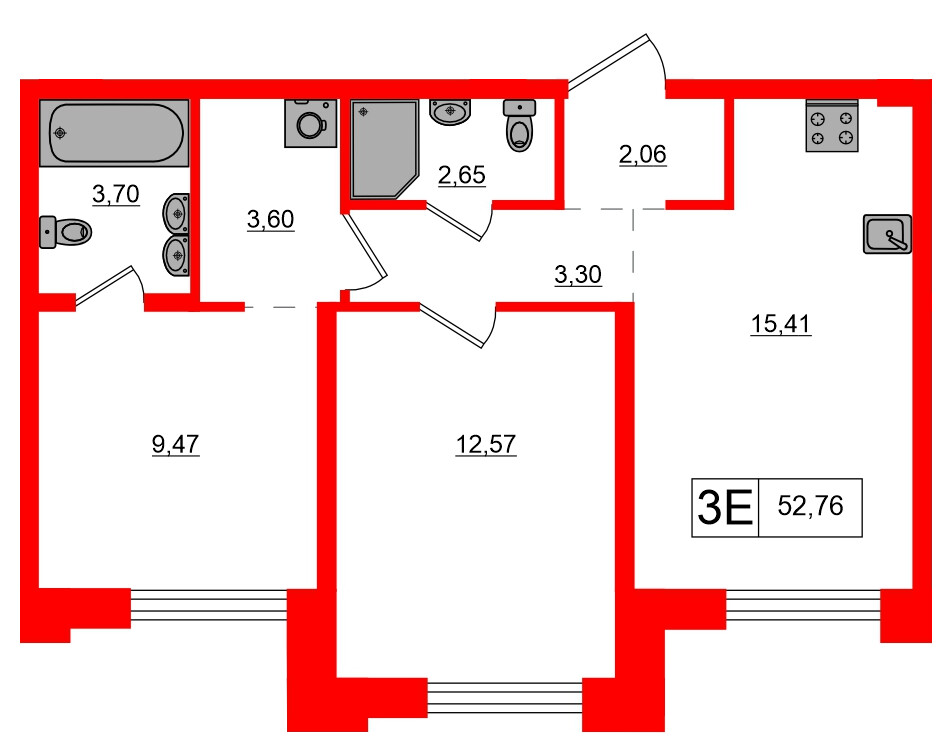 Квартира в ЖК Alpen, 2 комнатная, 52.76 м², 6 этаж