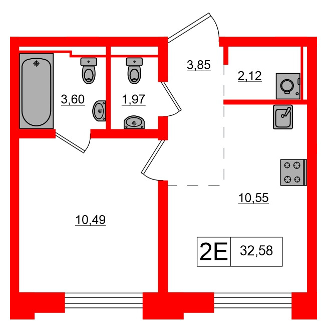 Квартира в ЖК Alpen, 1 комнатная, 32.58 м², 2 этаж