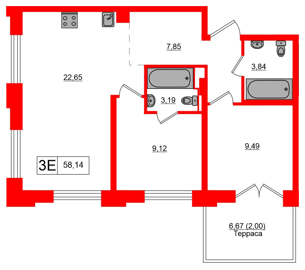 Квартира в ЖК Alpen, 2 комнатная, 58.14 м², 4 этаж