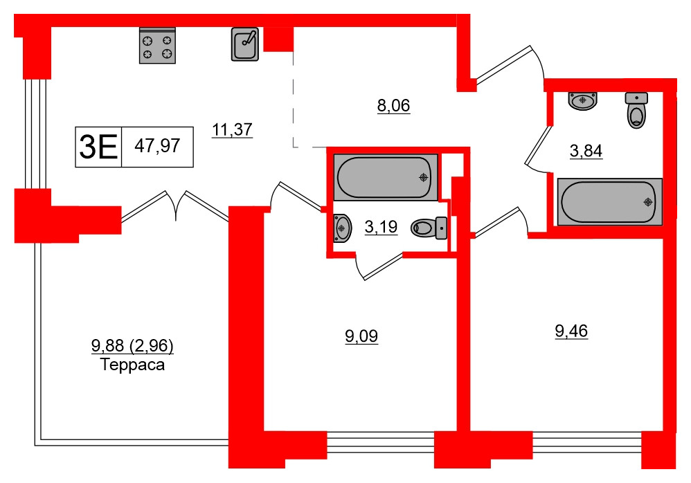 Квартира в ЖК Alpen, 2 комнатная, 47.97 м², 9 этаж