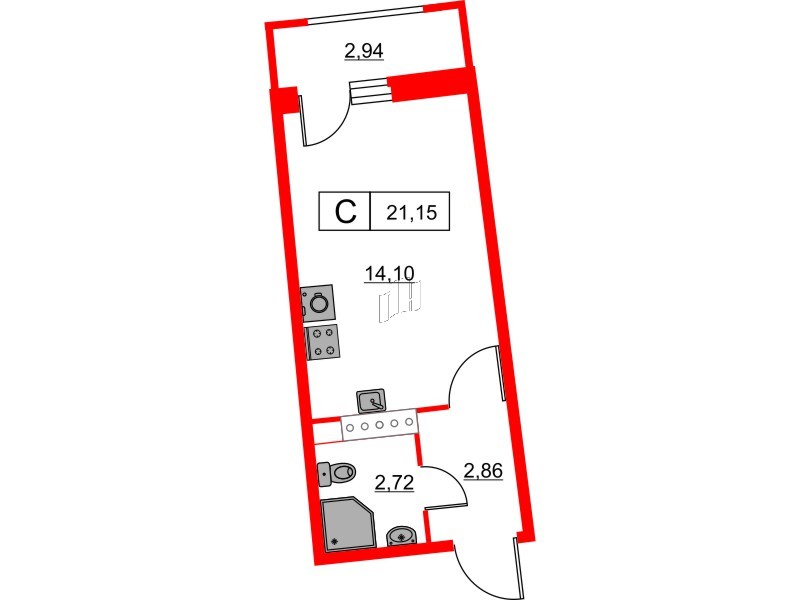Квартира в ЖК Авиатор, студия, 21.15 м², 15 этаж