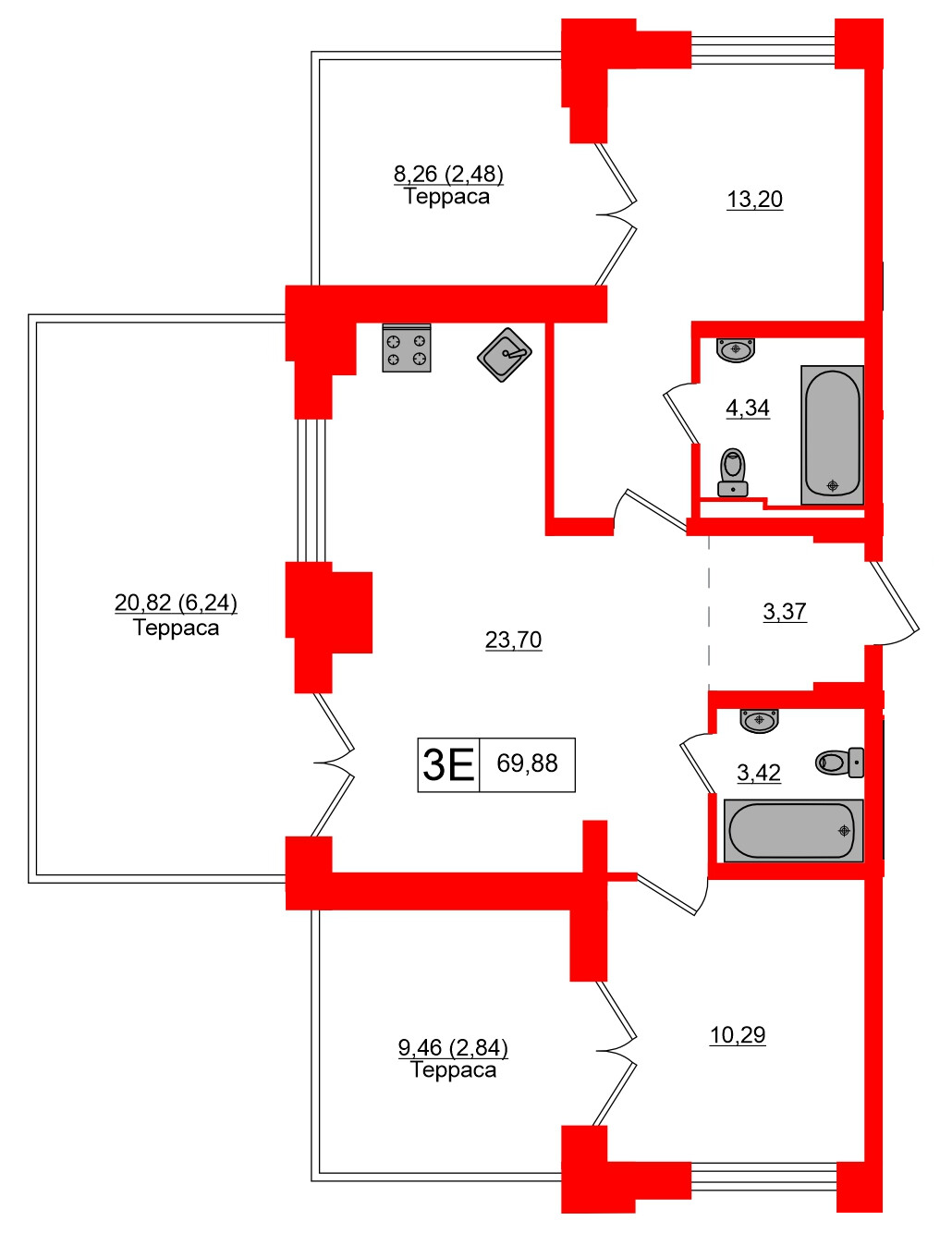 Квартира в ЖК Alpen, 2 комнатная, 69.88 м², 10 этаж
