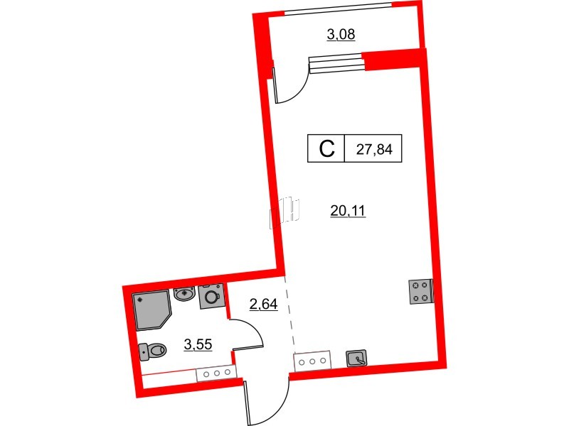 Квартира в ЖК «Авиатор», студия, 27.84 м², 8 этаж